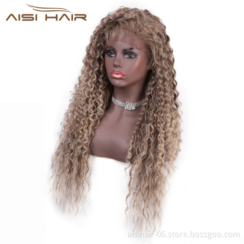 Ombre Blonde Wig Deep Dark Root Wig Long Wavy Kinky Curly Wave Front Lace Hair Wigs For Women